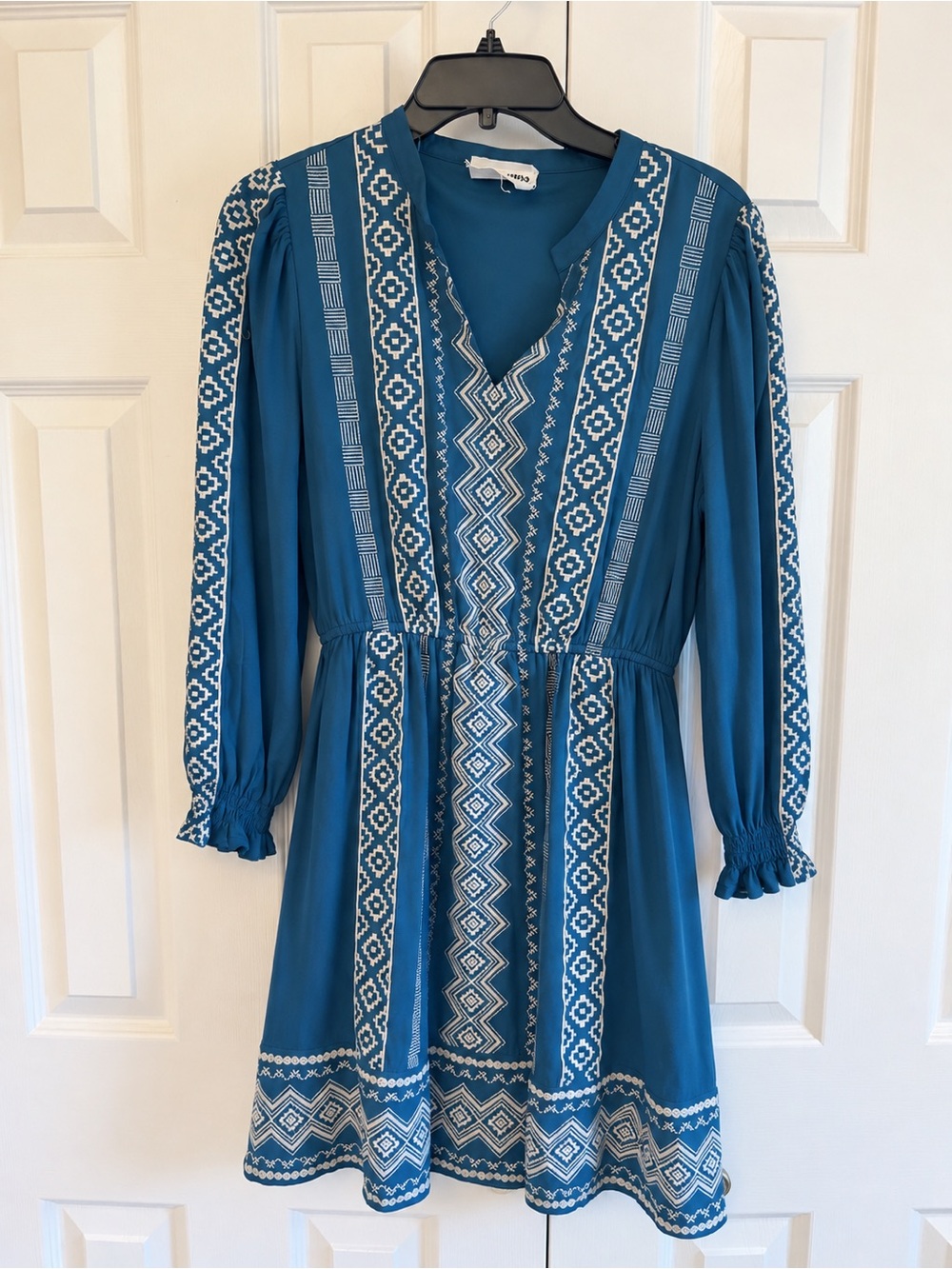 Savanna Jane Teal Blue Long Sleeve Embroidered Dress